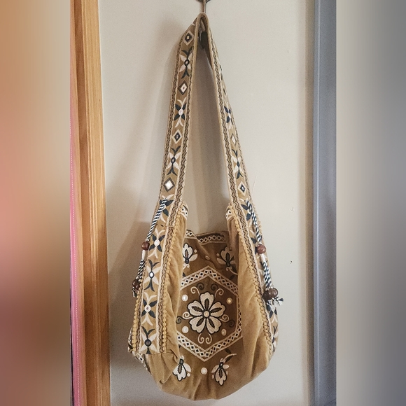 Free People Vic Velvet Slouchy Bag Embroidered Mirrors Beads Gilded Yellow Tote - Picture 2 of 11